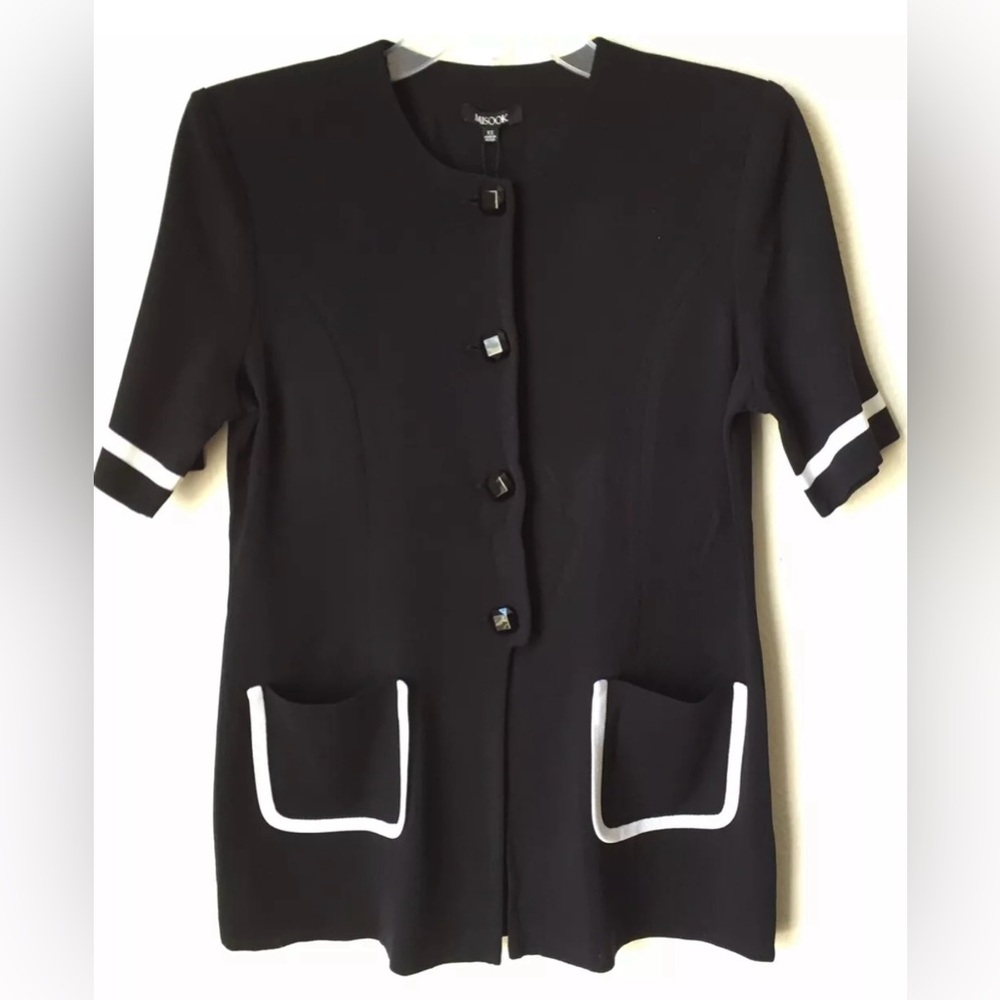 NWT $368 Misook “Paige” Short Sleeve Button Front Patch Pocket -Black white Trim